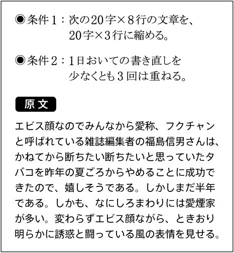 ●条件1:次の20字×8行の文章を、20字×3行に縮める。 ●条件2:1日おいての書き直しを、少なくとも3回は重ねる。【原文】エビス顔なのでみんなから愛称、フクチャン と呼ばれている雑誌編集者の福島信男さんは、かねてから断ちたい断ちたいと思っていたタバコを昨年の夏ごろからやめることに成功できたので、嬉しそうである。しかしまだ半年である。しかも、なにしろまわりには愛煙家 が多い。変わらずエビス顔ながら、ときおり明らかに誘惑と闘っている風の表情を見せる。
