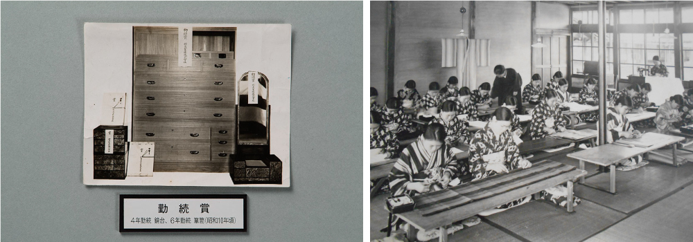 「記念館」には、当時贈呈された記念品(左)、朝礼時の様子や裁縫の勉強をする姿(右)などの写真が飾られている。(写真提供:ともにグンゼ)