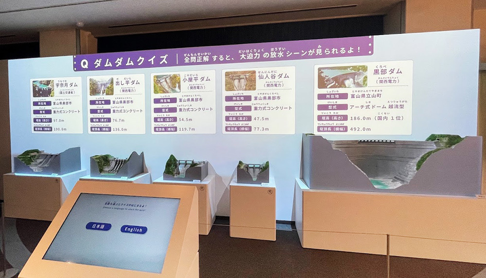 クイズに全問正解すると黒部川にある5つのダムの模型(1/300)※が一斉に放水。(筆者撮影)※関西電力所有4つと国国土交通省所有1つ
