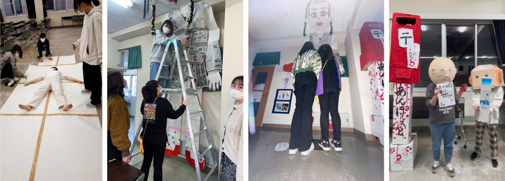 上田女子短期大学での制作&展示風景。リアルな4mの大人の展示も。