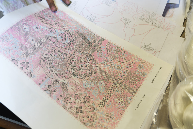 図案と設計図。1本のタテ糸と1本のヨコ糸が重なってこの1マスとなる