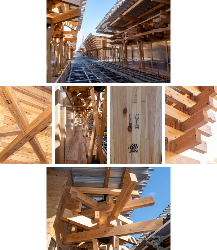 施設内側/施設構造/廊下/岩手産木材/木組み構造