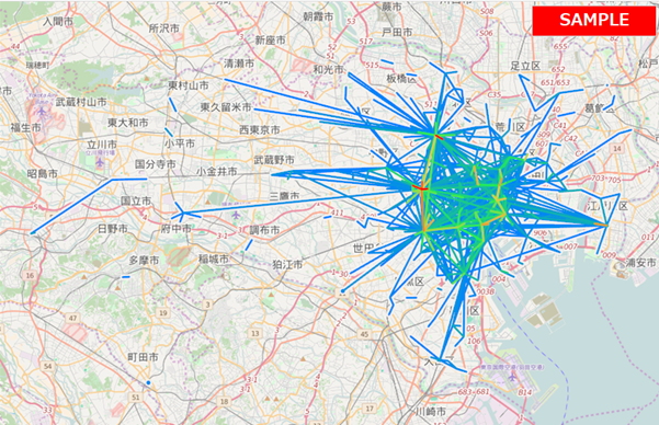 周遊ヒートマップ(移動経路)をエリアごとに集計・分析できます。