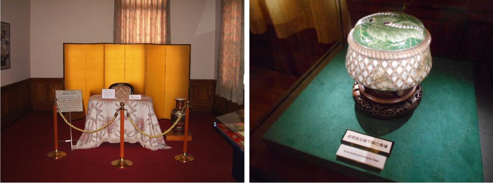 御座所(左)、蚕の一生が描かれた香炉(右)(写真提供:ともにグンゼ)