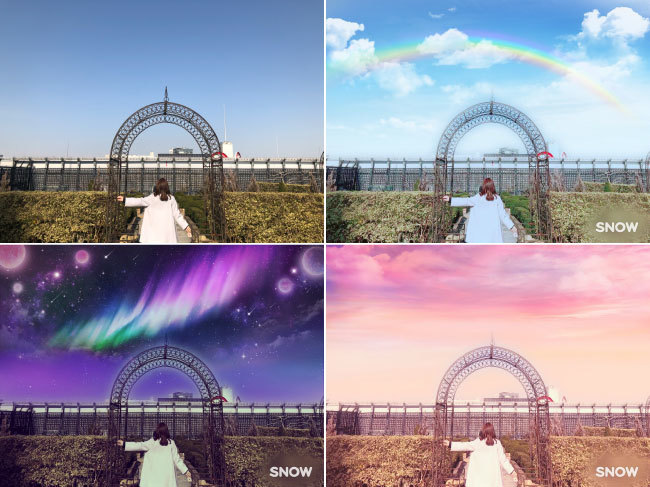 左上は、元画像、その他はARスタンプの画像(空を自動的に認識し、風景を一変させることができる「空フィルター」)