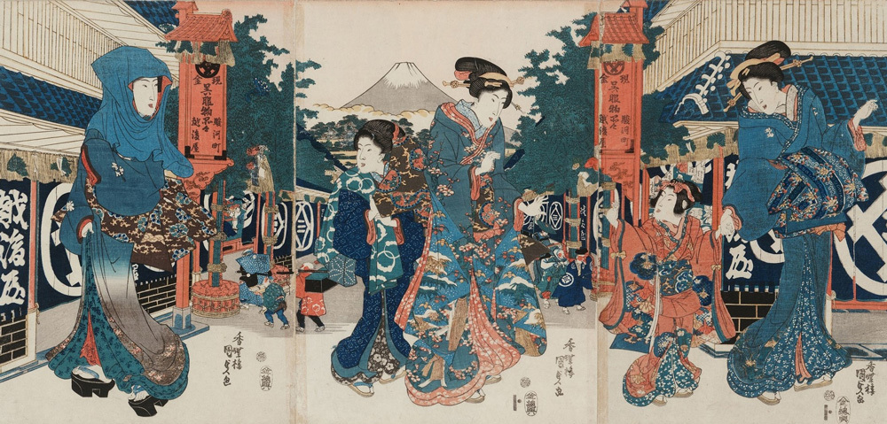 当時の流行を反映しファッション誌の役割も果たした錦絵「駿河町越後屋 店頭美人図」歌川国貞・画(写真提供:アドミュージアム東京)