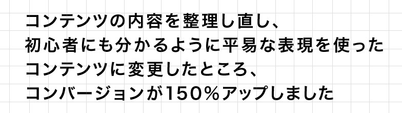 コンテンツの内容を整理し直し、初心者にも分かるように平易な表現を使ったコンテンツに変更したところ、コンバージョンが150%アップしました