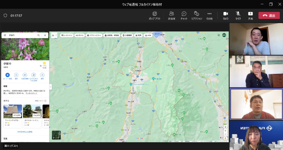 地図に見入る本連載の制作スタッフ(上から、編集担当の中澤、当日インタビュアーを務めた武藤氏 )とフルカイテン瀬川社長、斉藤氏。