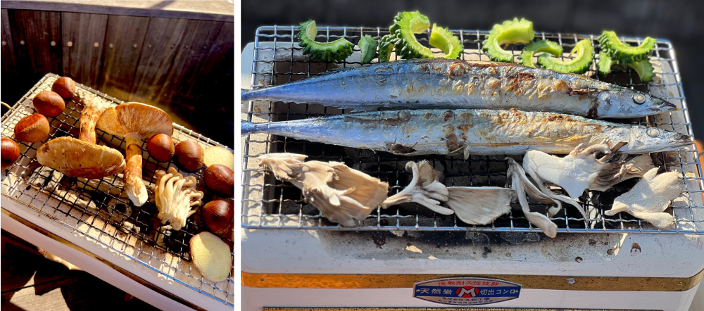 家族で出かけるレジャー（魚釣り）でも、七輪は大活躍！釣れたて、とれたてを、ちりちりと焼いていただきます。ぜいたくー