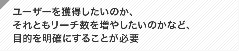 ポイント:ユーザーを獲得したいのか、それともリーチ数を増やしたいのかなど、目的を明確にすることが必要