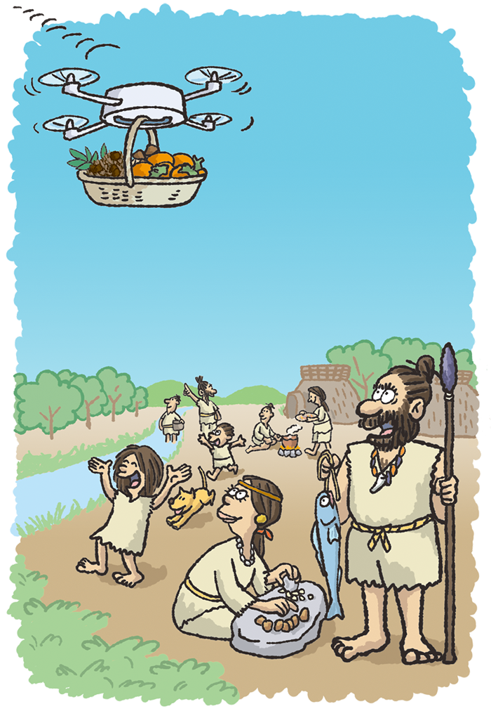 狩猟時代にドローンで食糧が届くイラスト