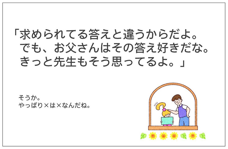 「求められてる答えと違うからだよ。でも、お父さんはその答え好きだな。きっと先生もそう思ってるよ。」 そうか。やっぱり×は×なんだね。